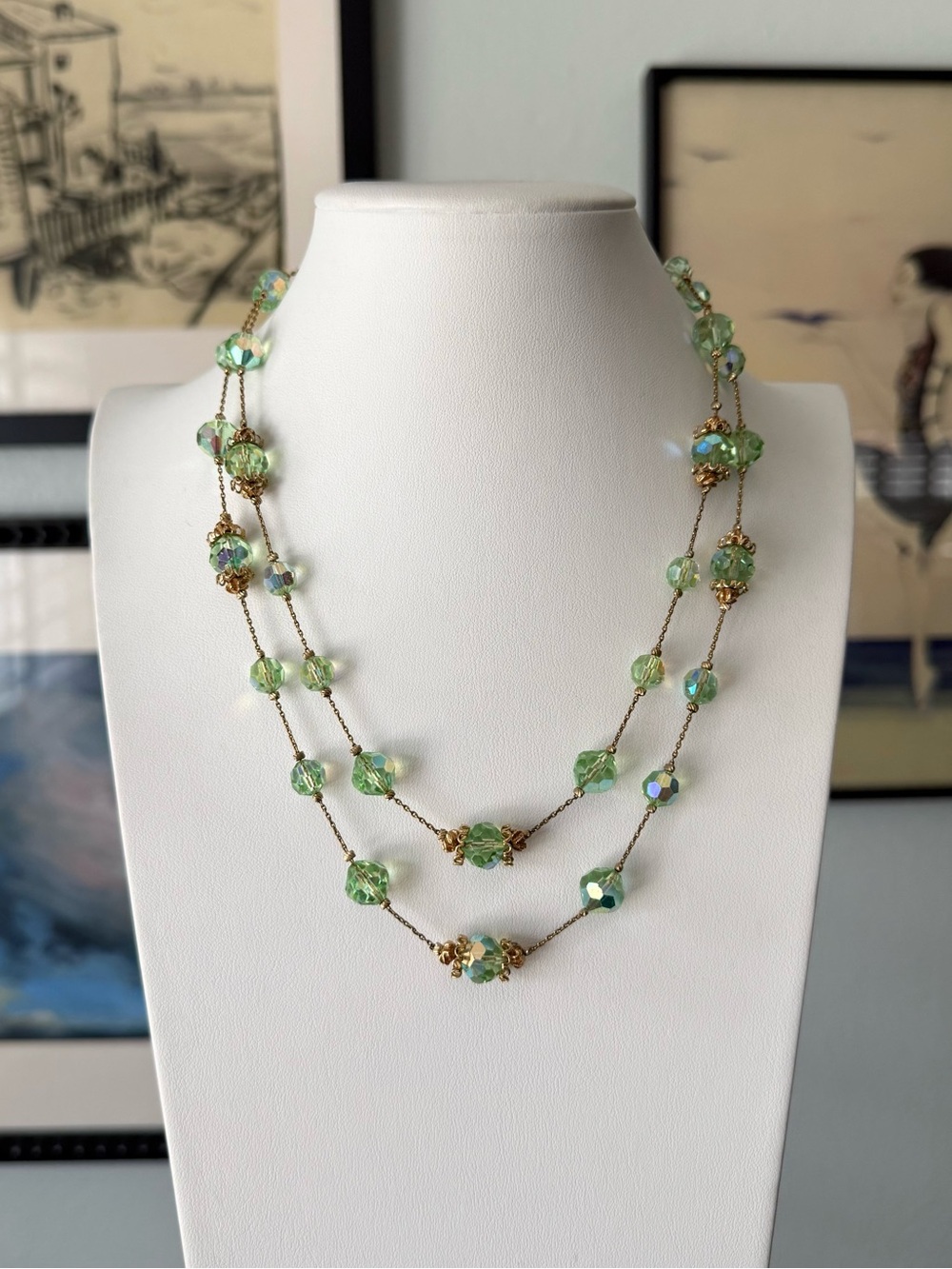 Vintage Green Aurora Borealis Crystal Necklace Double Strand Gold Tone Choker